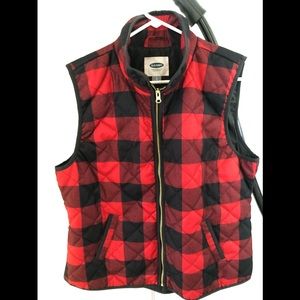 Plaid vest. Red and black.